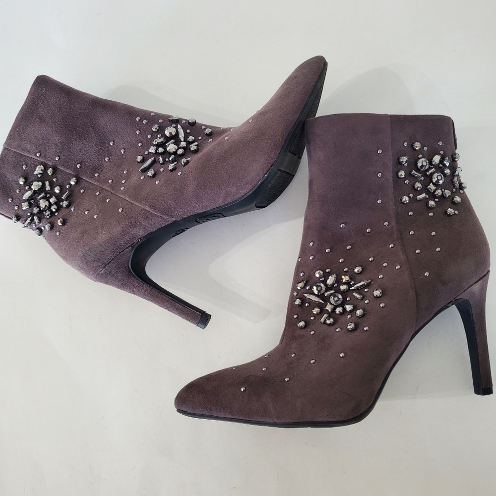 CIRCUS Sam Edelman 5.5 OCTAVIA Brown Faux Suede Zip Booties Gems Studs 3" Heels